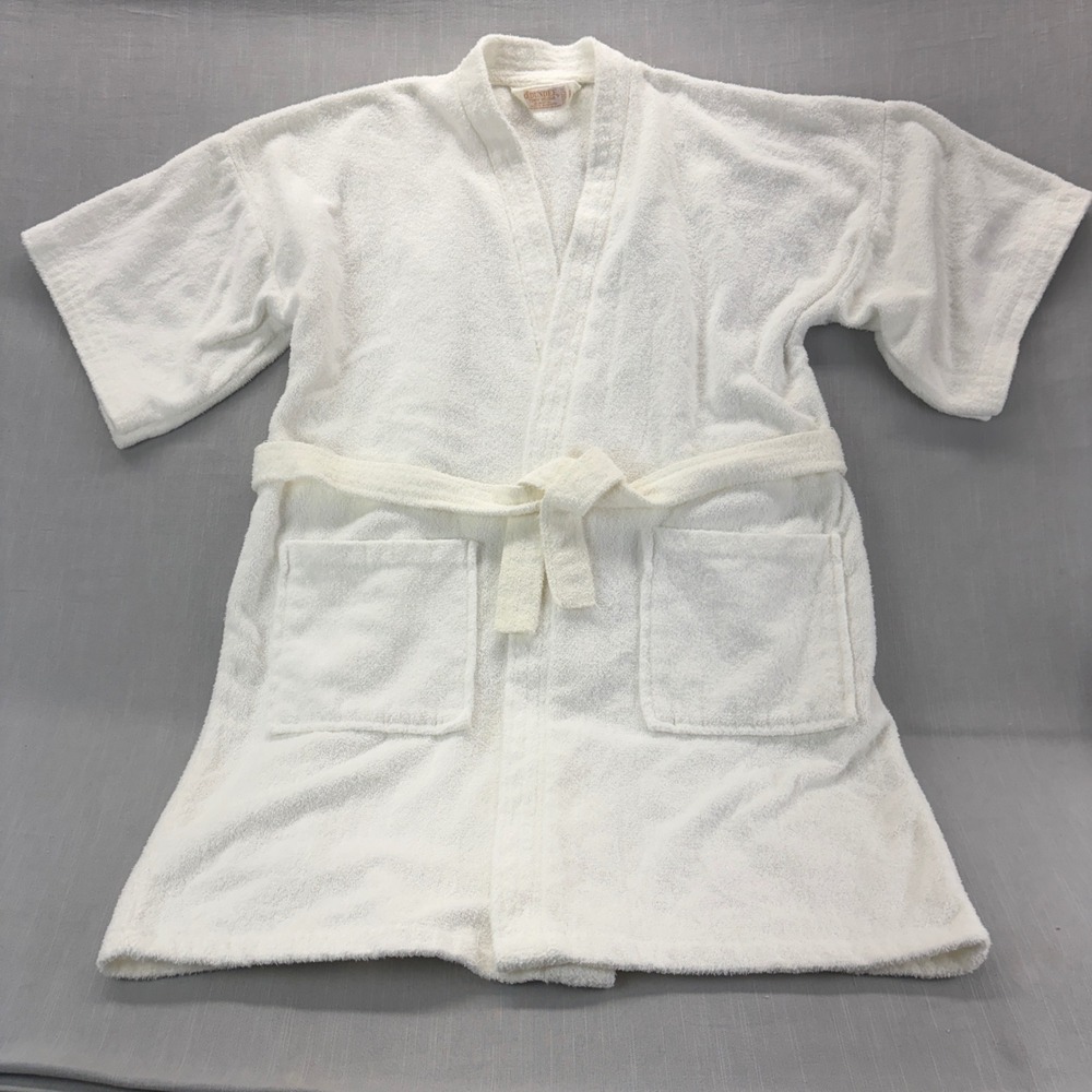 Dundee Bath Robe Unisex OSFM Terry Velour White Belted Short Sleeve Pocketed